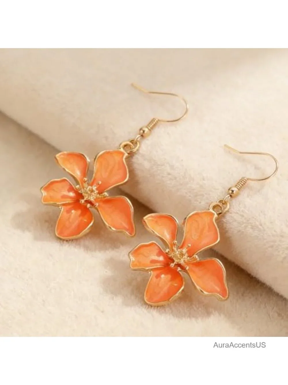Enamel Five-Petal Flower Dangle Earrings Gold Plated Statement Jewelry Women's